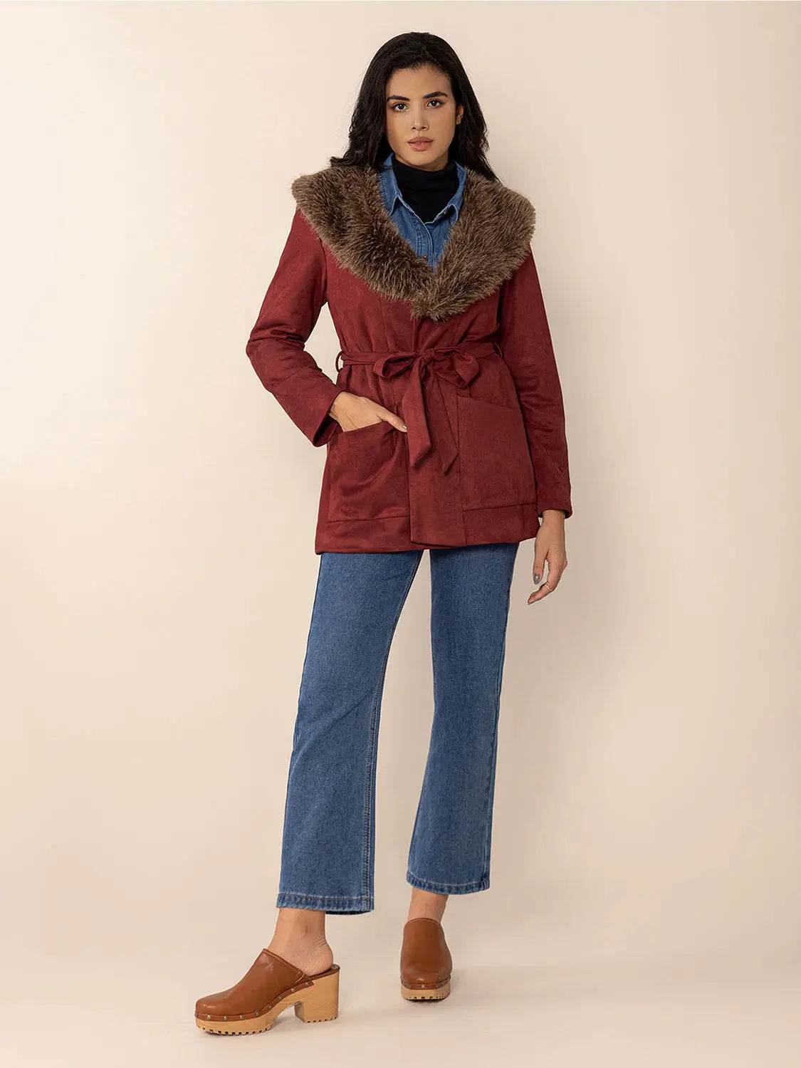 Fuzzy Collared Neck Tie Waist Jacket - Velveta Studio