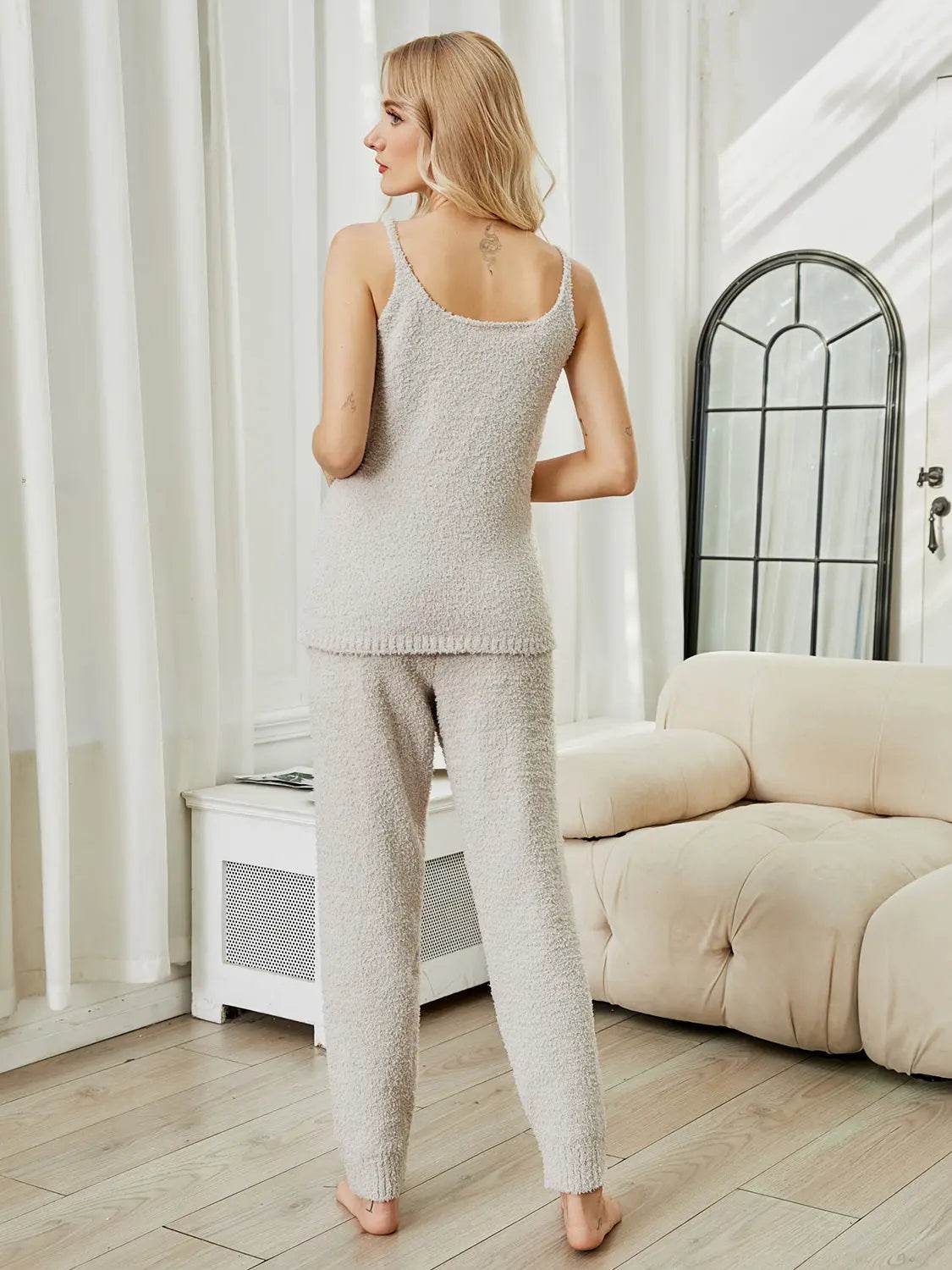 Fuzzy V-Neck Cami and Pants Lounge Set - Velveta Studio