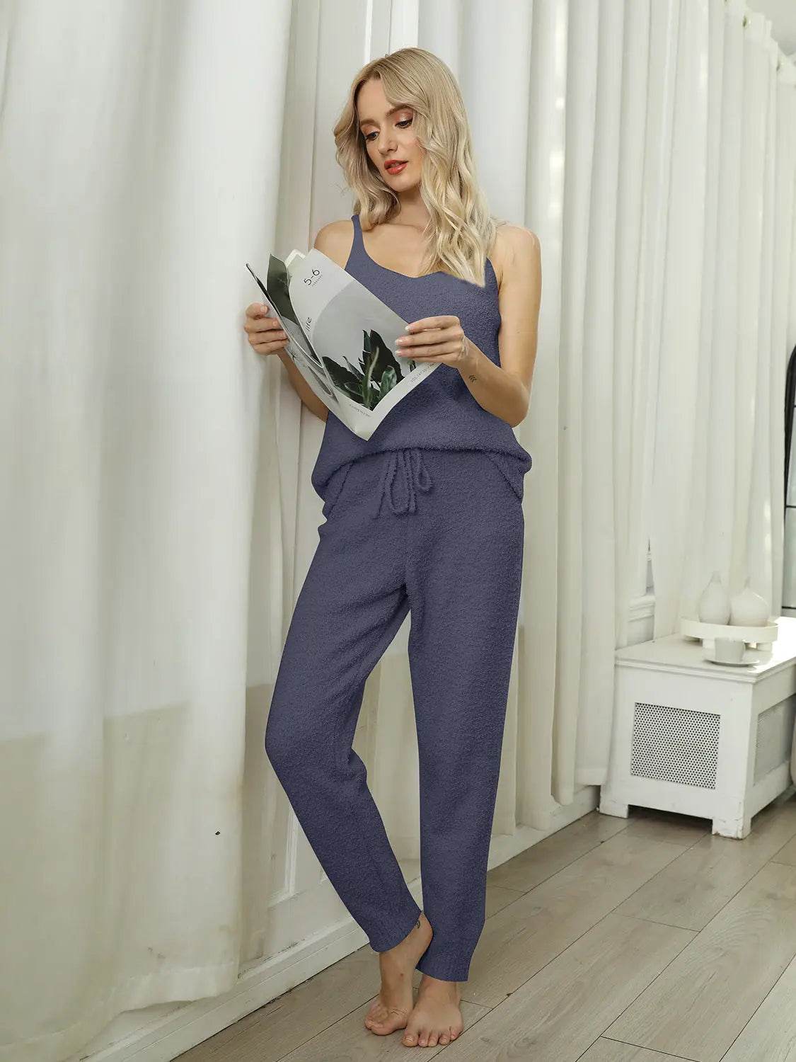Fuzzy V-Neck Cami and Pants Lounge Set - Velveta Studio