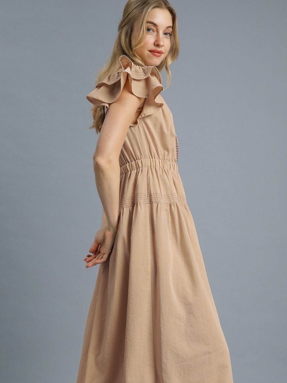 Romantic Ruffle Midi Dress with Lace Trim – Beige - Velveta Studio