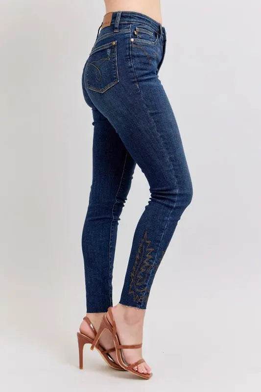 Full Size Embroidered High Rise Skinny Jeans Plus Size - Velveta Studio
