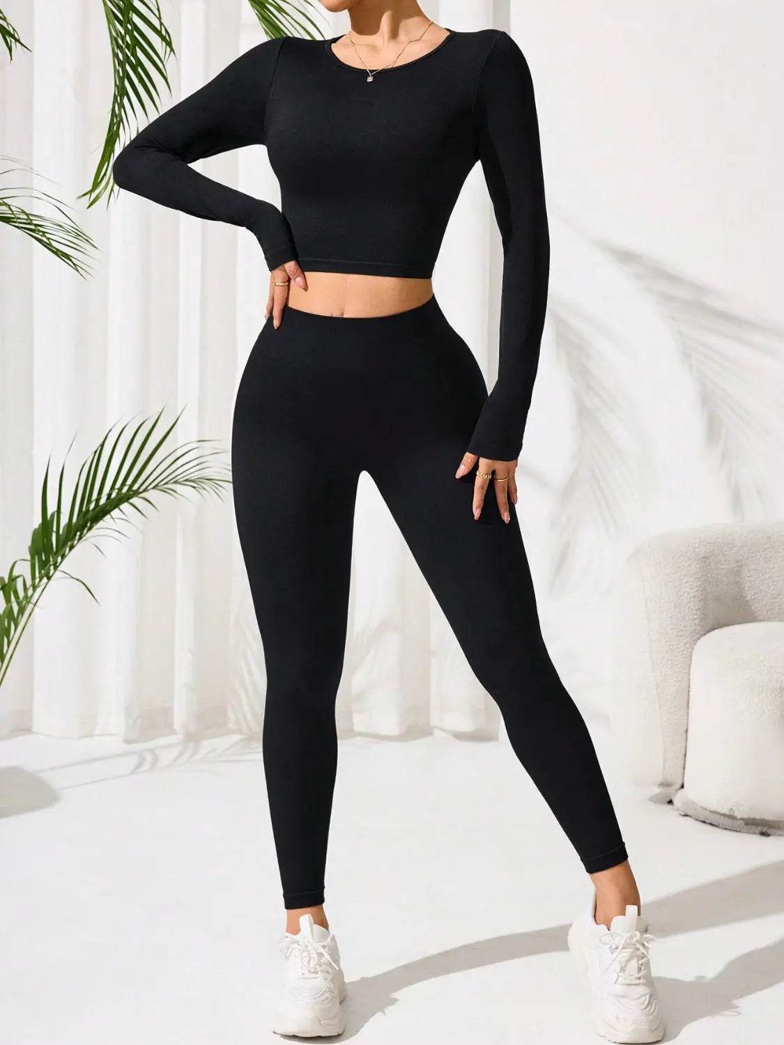 Lace-Up Back Round Neck Top and Leggings Active Set - Velveta Studio
