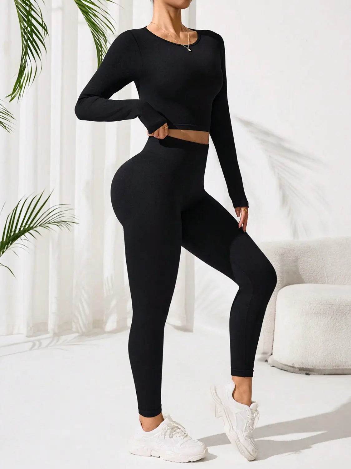 Lace-Up Back Round Neck Top and Leggings Active Set - Velveta Studio
