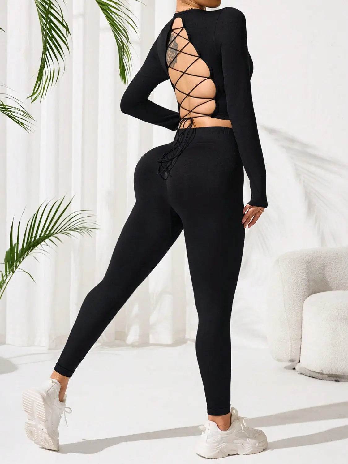 Lace-Up Back Round Neck Top and Leggings Active Set - Velveta Studio