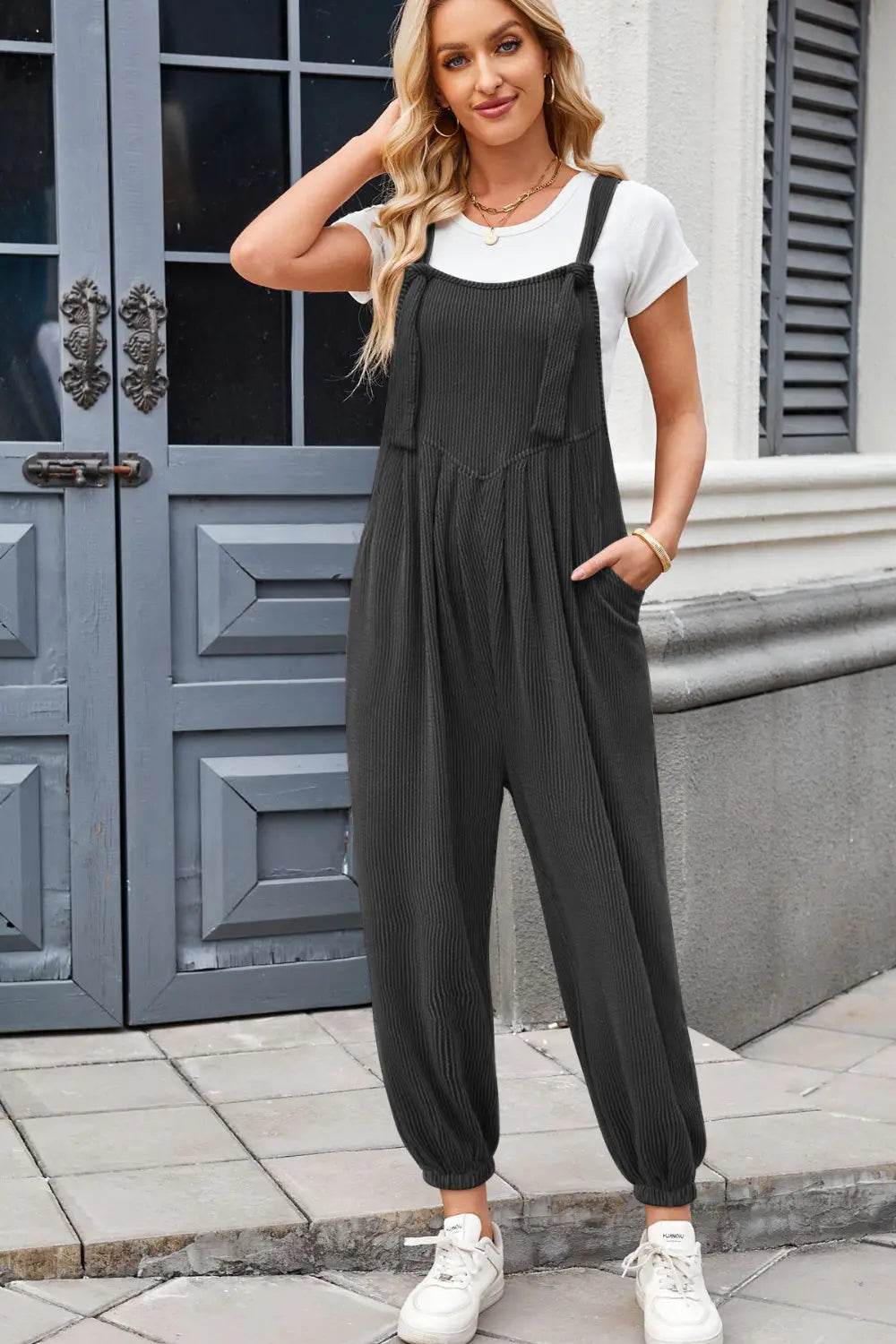Lovelet Knotted Strap Overalls with Pockets - Velveta Studio