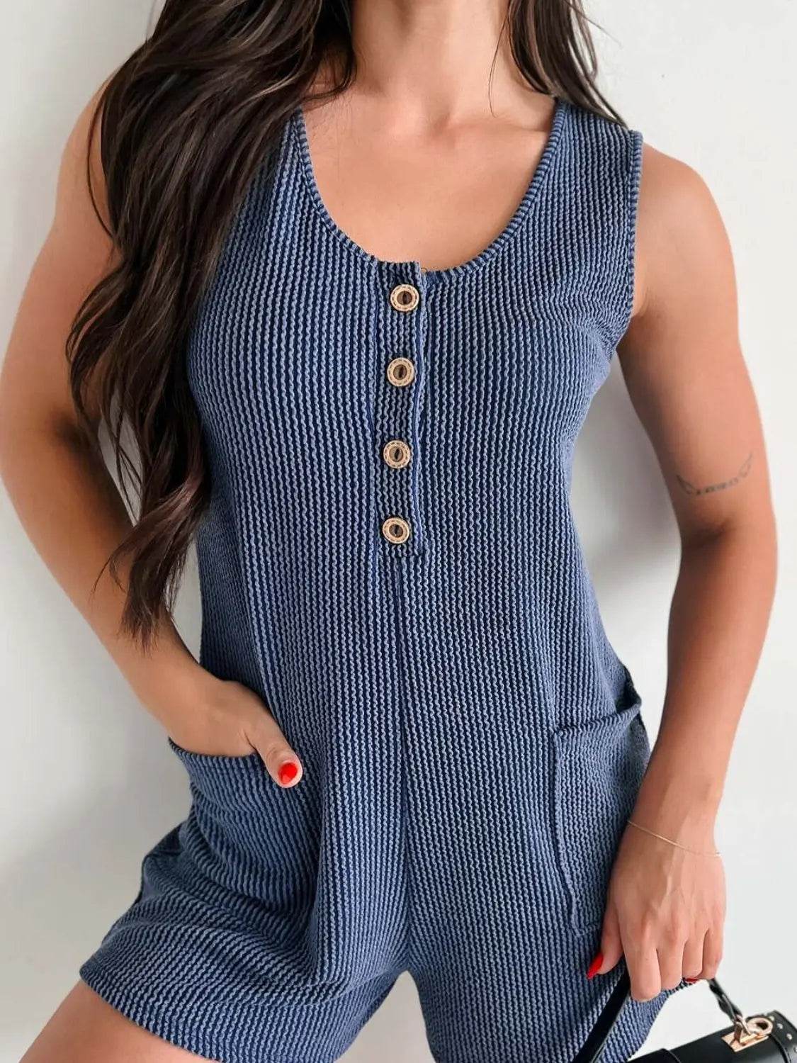 Lovelet Texture Wide Strap Romper with Pockets - Velveta Studio