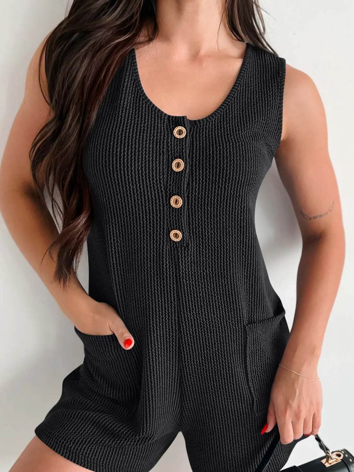 Lovelet Texture Wide Strap Romper with Pockets - Velveta Studio