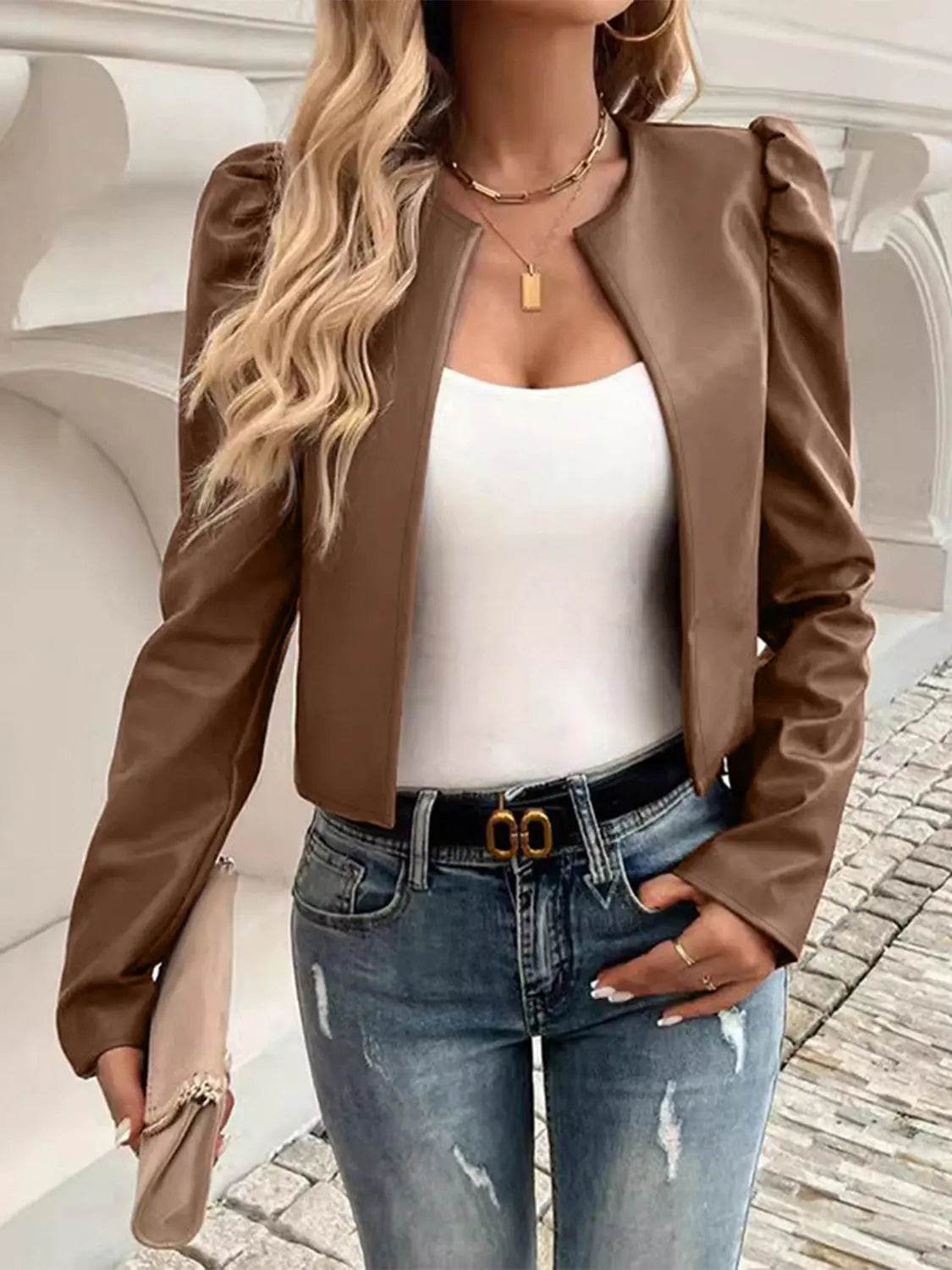 PU Leather Open Front Puff Sleeve Jacket - Velveta Studio