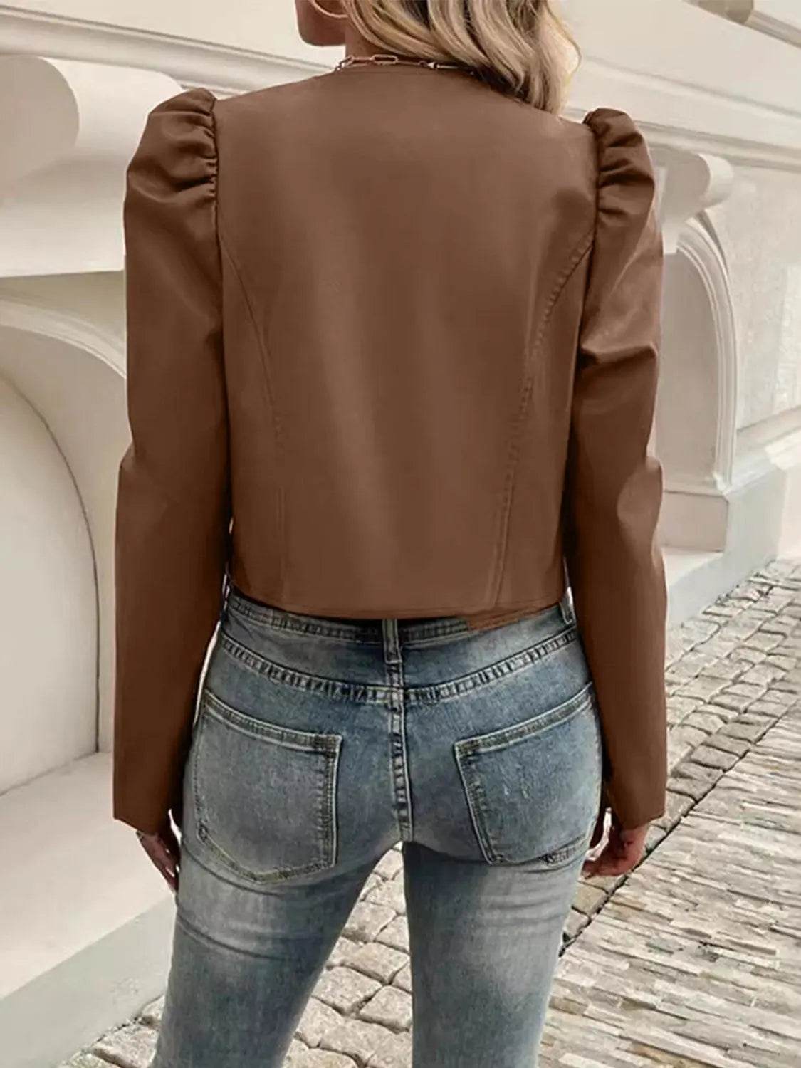 PU Leather Open Front Puff Sleeve Jacket - Velveta Studio