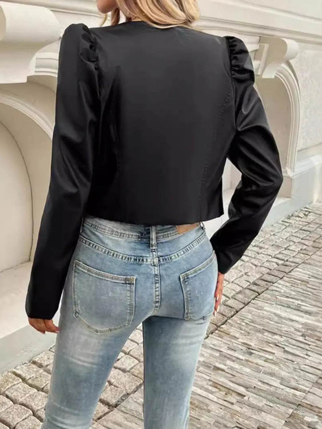 PU Leather Open Front Puff Sleeve Jacket - Velveta Studio