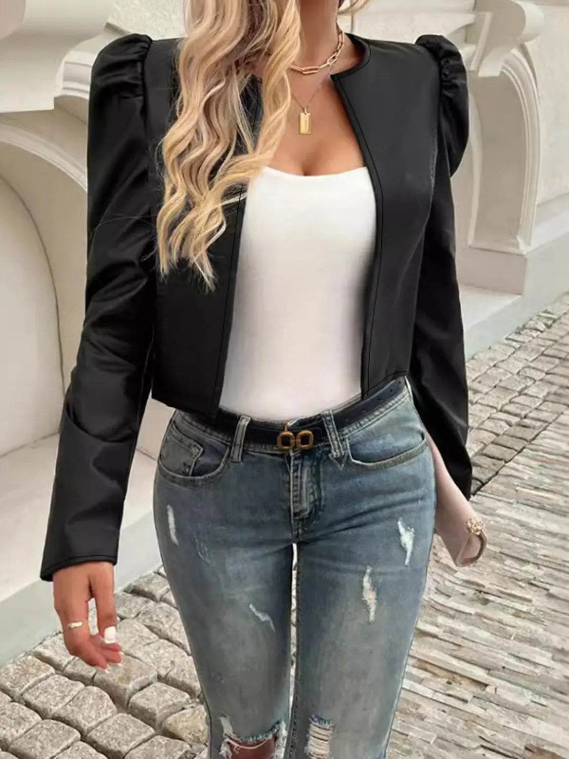 PU Leather Open Front Puff Sleeve Jacket - Velveta Studio
