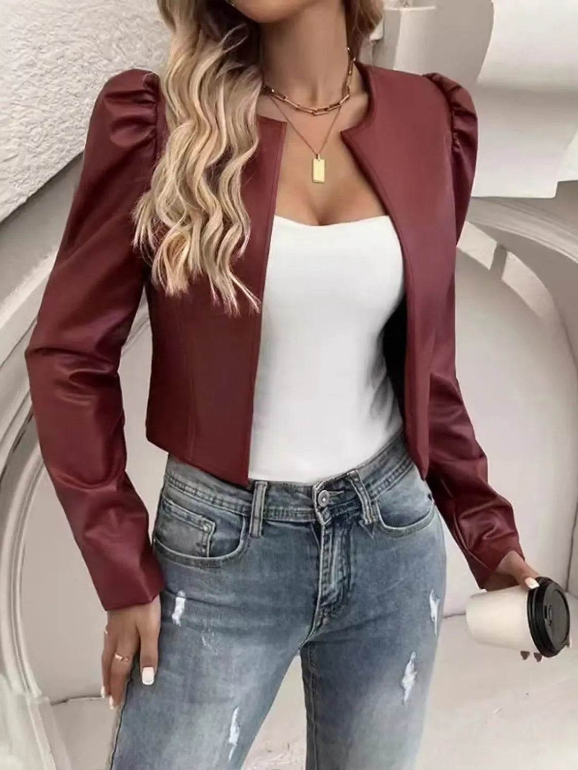 PU Leather Open Front Puff Sleeve Jacket - Velveta Studio