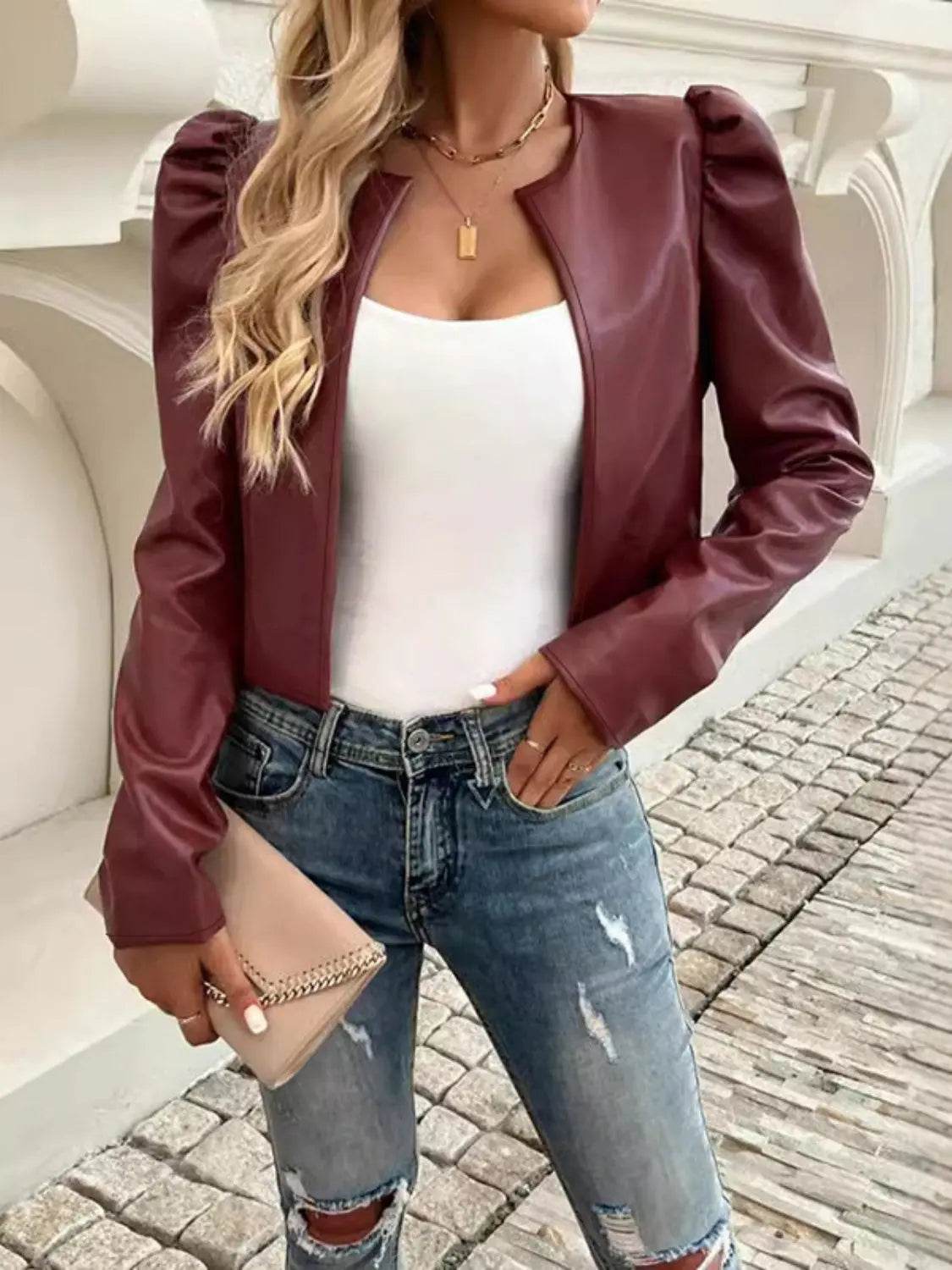 PU Leather Open Front Puff Sleeve Jacket - Velveta Studio