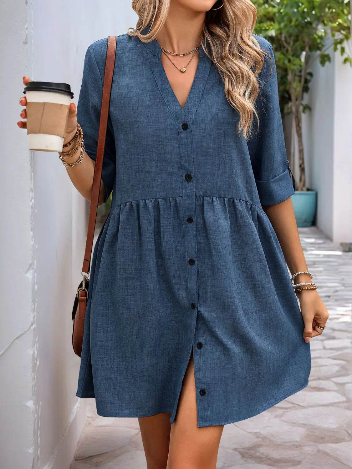 Perfee Button Down Notched Half Sleeve Mini Shirt Dress - Velveta Studio
