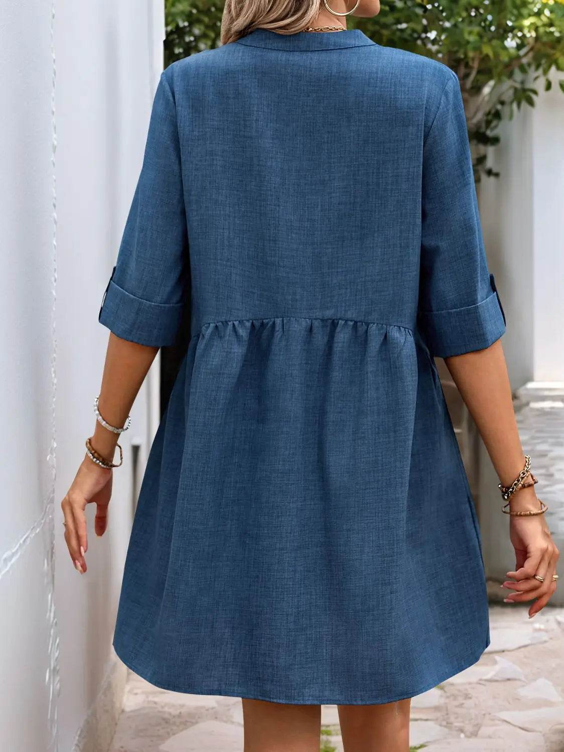 Perfee Button Down Notched Half Sleeve Mini Shirt Dress - Velveta Studio