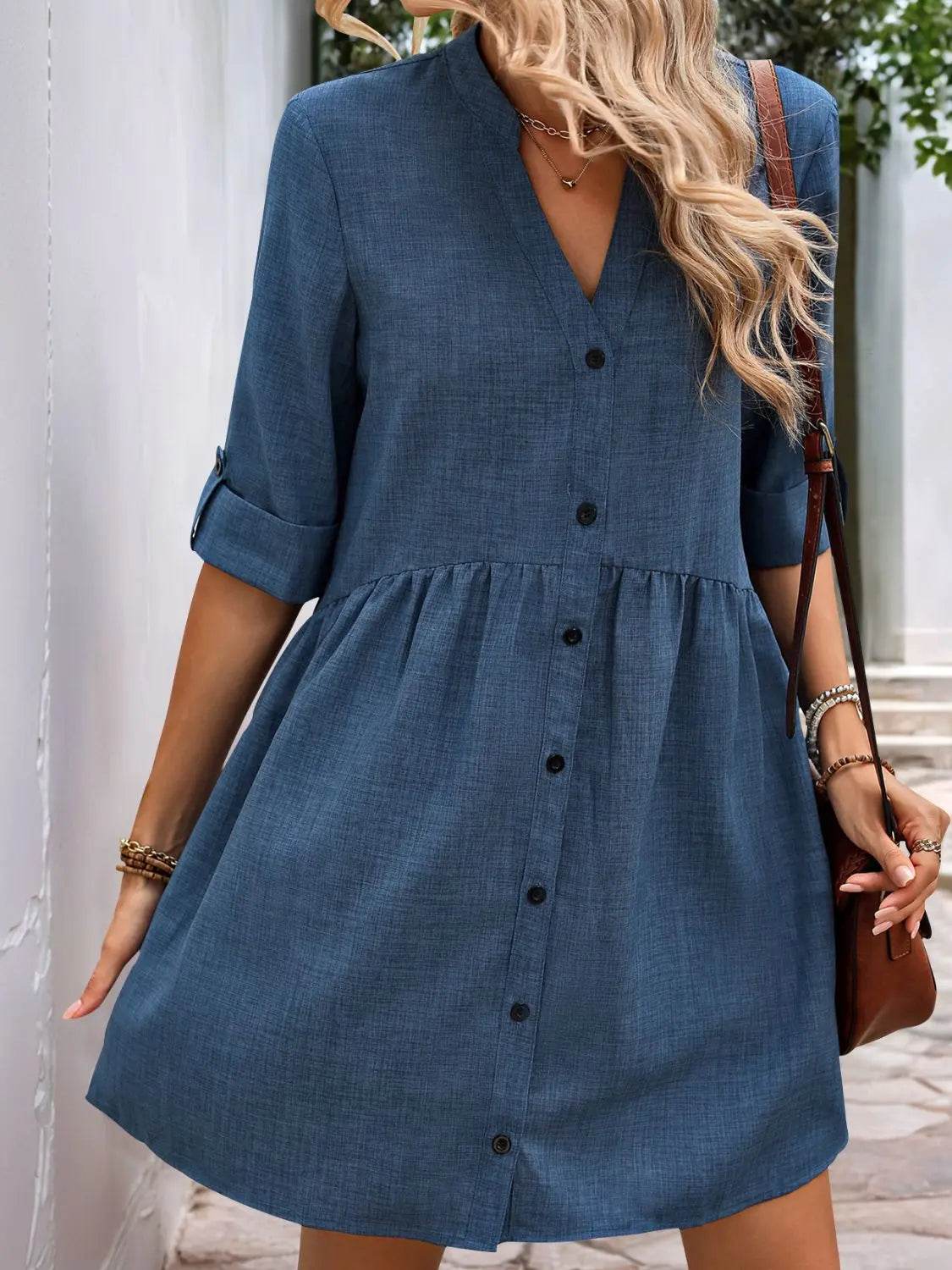 Perfee Button Down Notched Half Sleeve Mini Shirt Dress - Velveta Studio