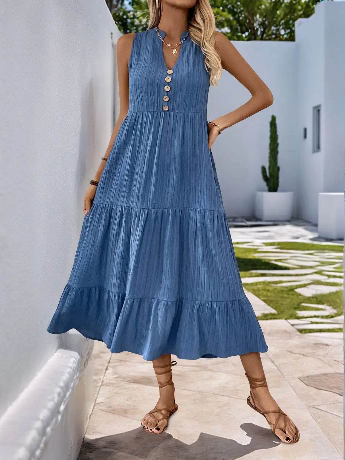 Perfee Decorative Button Notched Sleeveless Tiered Dress - Velveta Studio