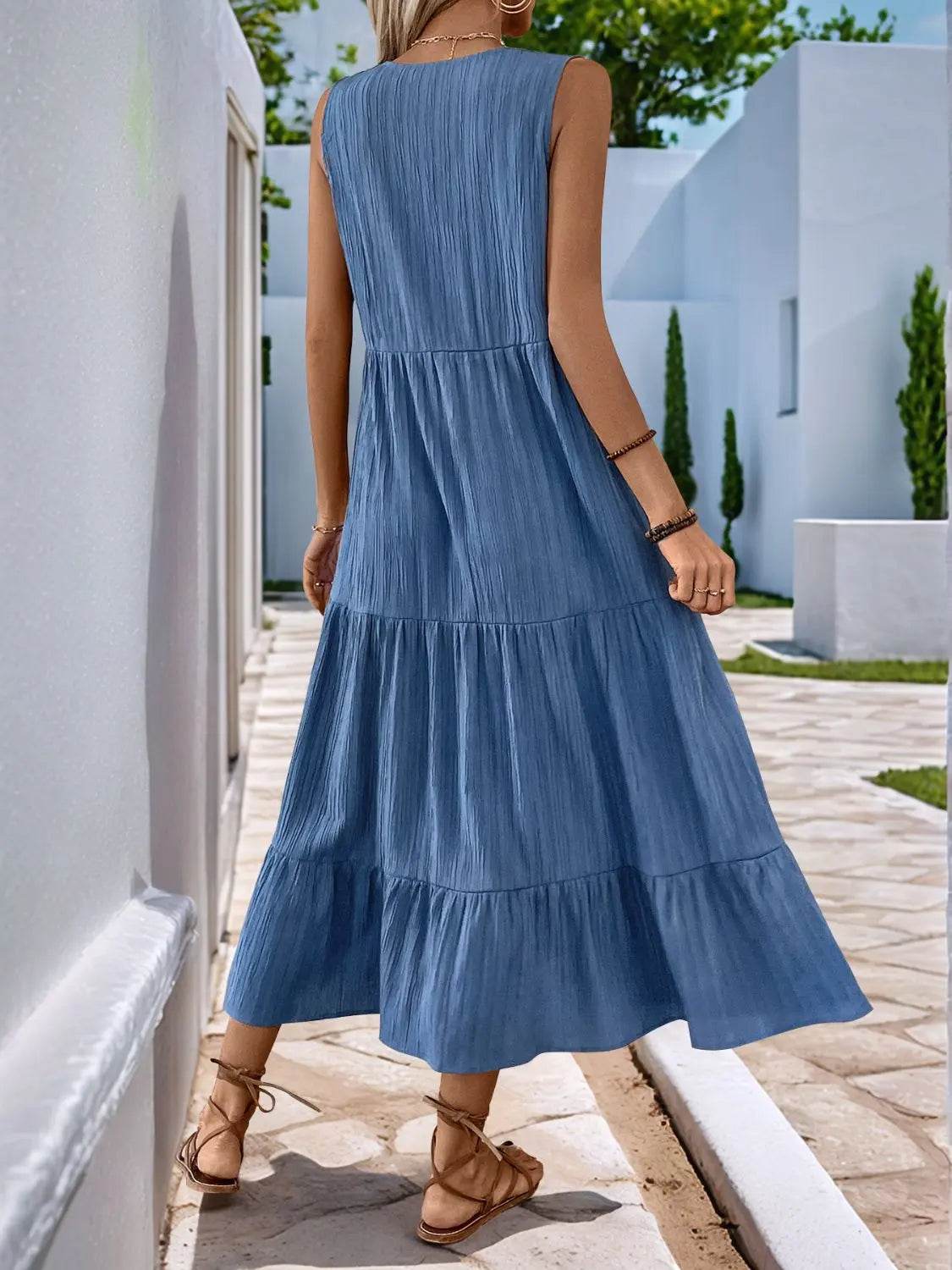 Perfee Decorative Button Notched Sleeveless Tiered Dress - Velveta Studio