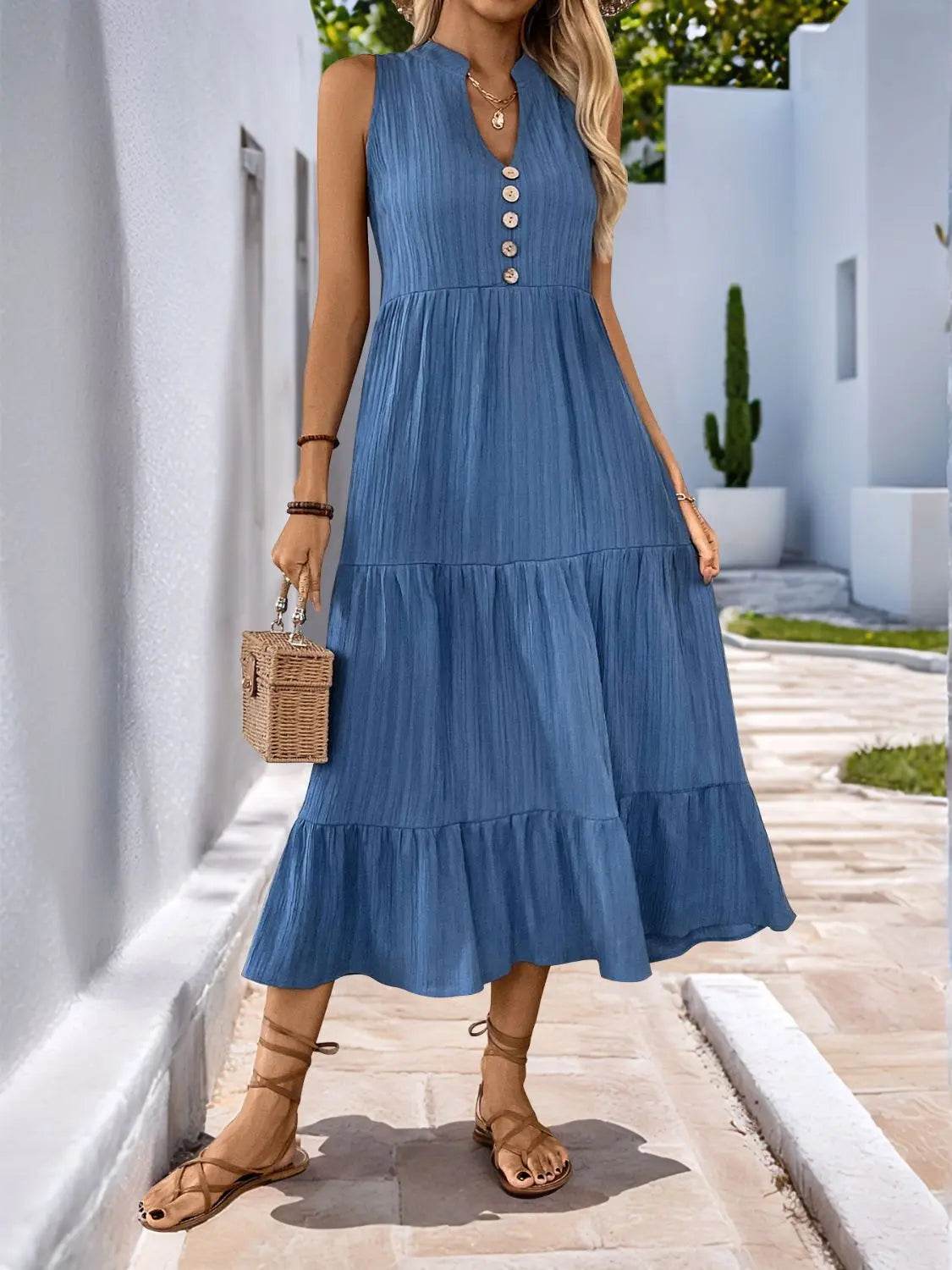 Perfee Decorative Button Notched Sleeveless Tiered Dress - Velveta Studio