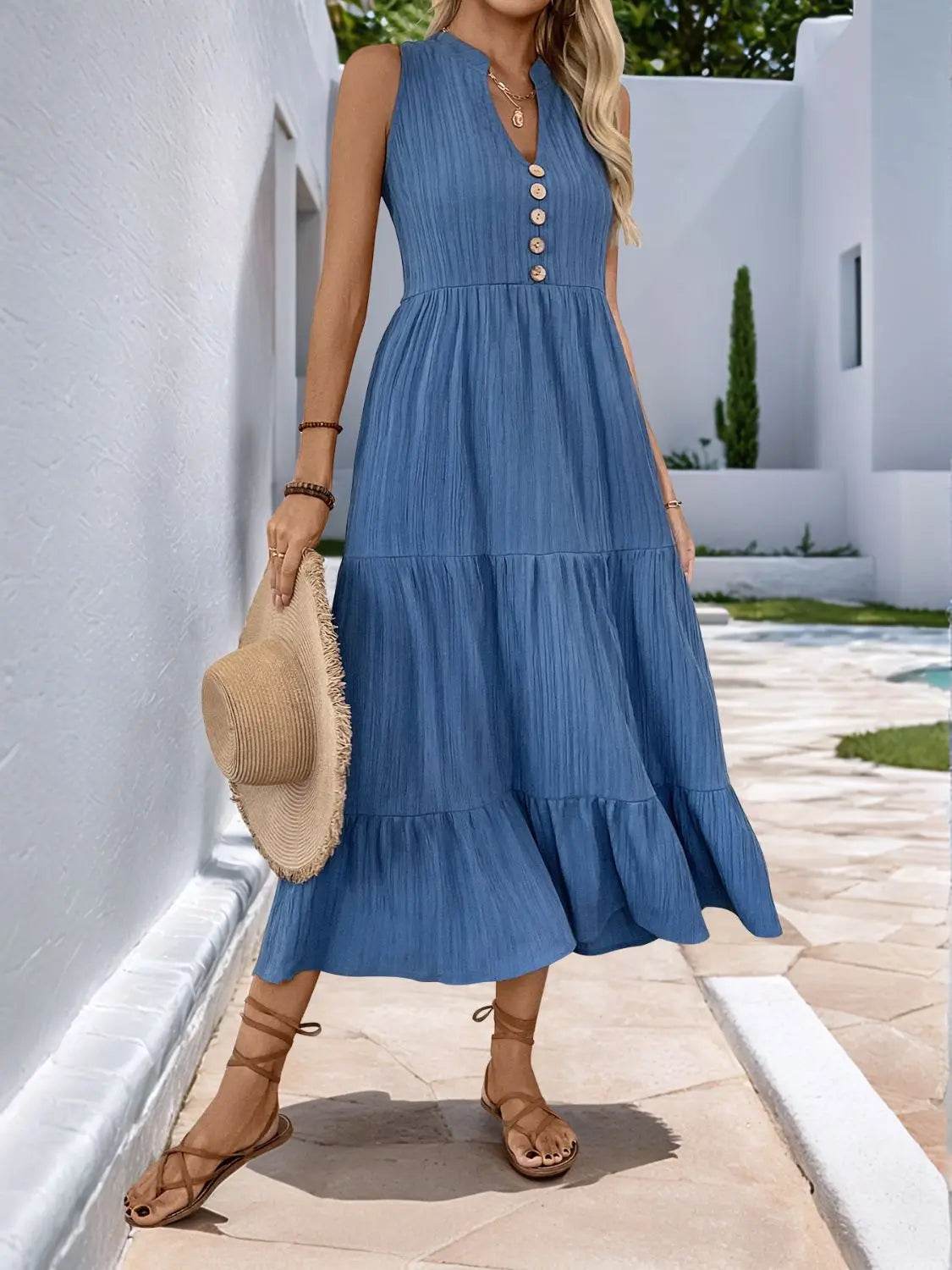 Perfee Decorative Button Notched Sleeveless Tiered Dress - Velveta Studio