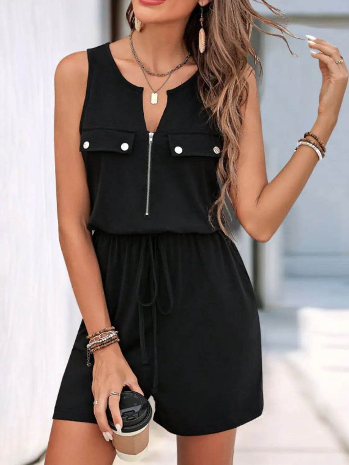 Perfee Drawstring Half Zip Sleeveless Romper - Velveta Studio