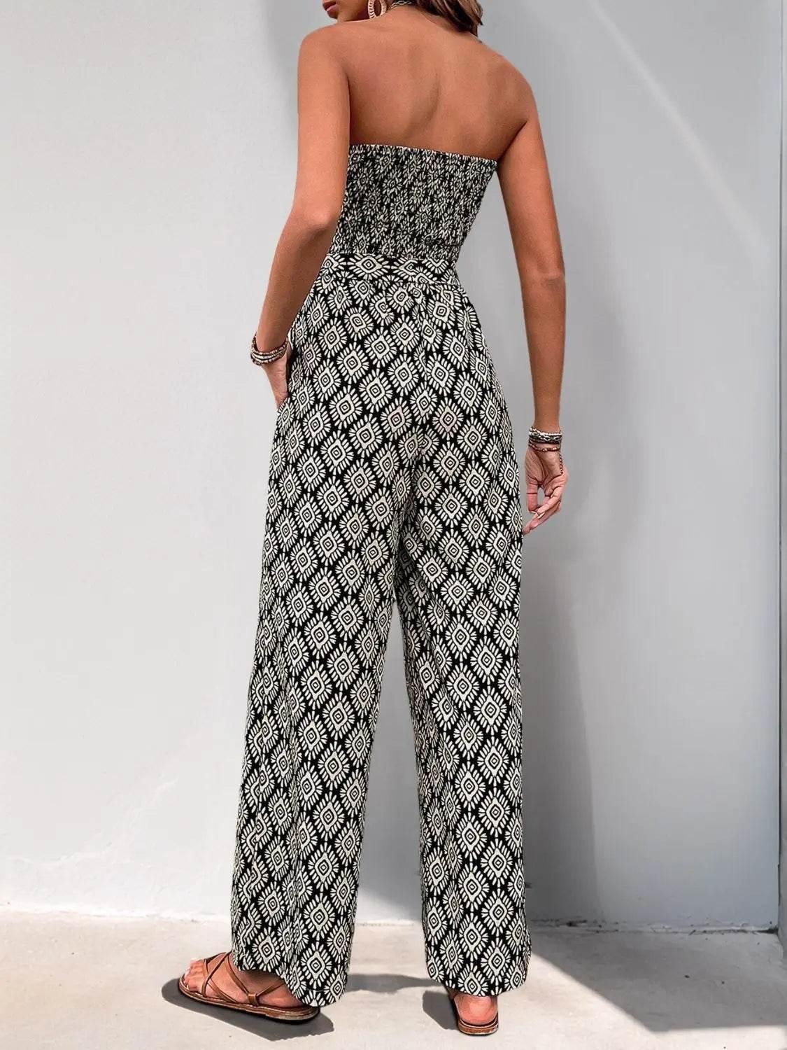Perfee Printed Smocked Sleeveless Jumpsuit - Velveta Studio