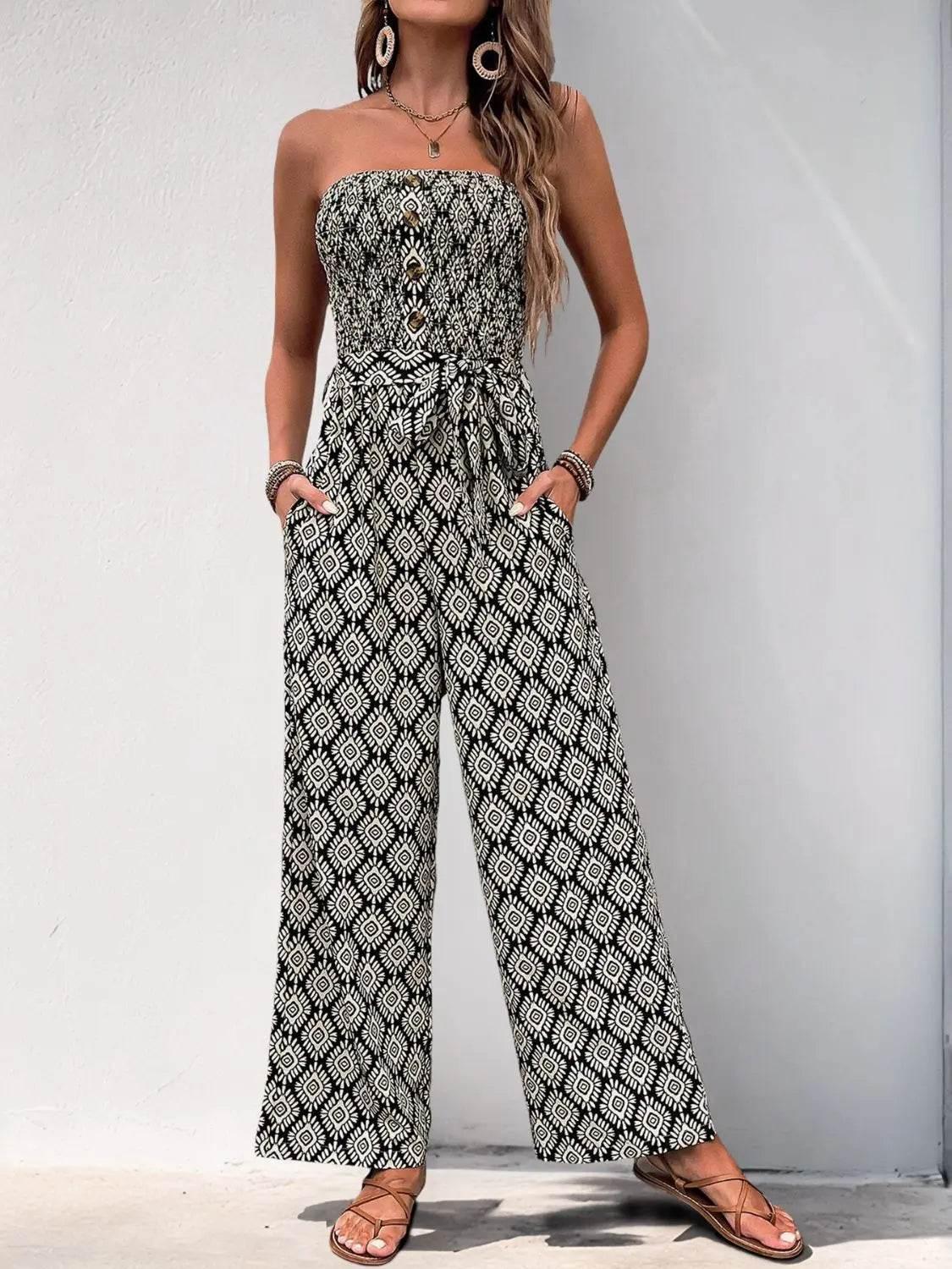 Perfee Printed Smocked Sleeveless Jumpsuit - Velveta Studio