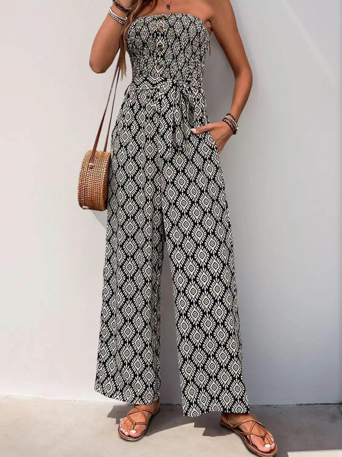Perfee Printed Smocked Sleeveless Jumpsuit - Velveta Studio