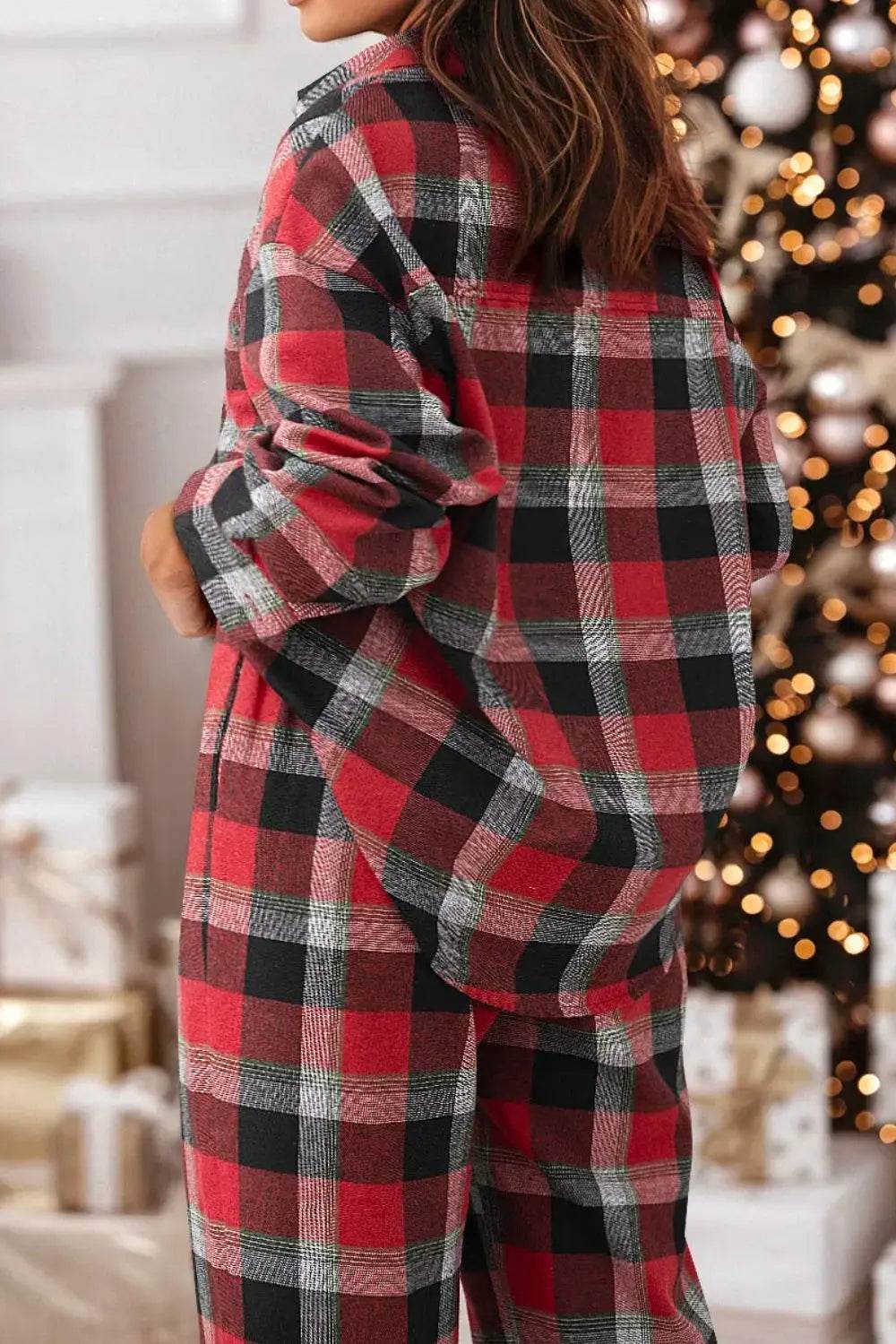 Plaid Long Sleeve Top and Pants Lounge Set - Velveta Studio