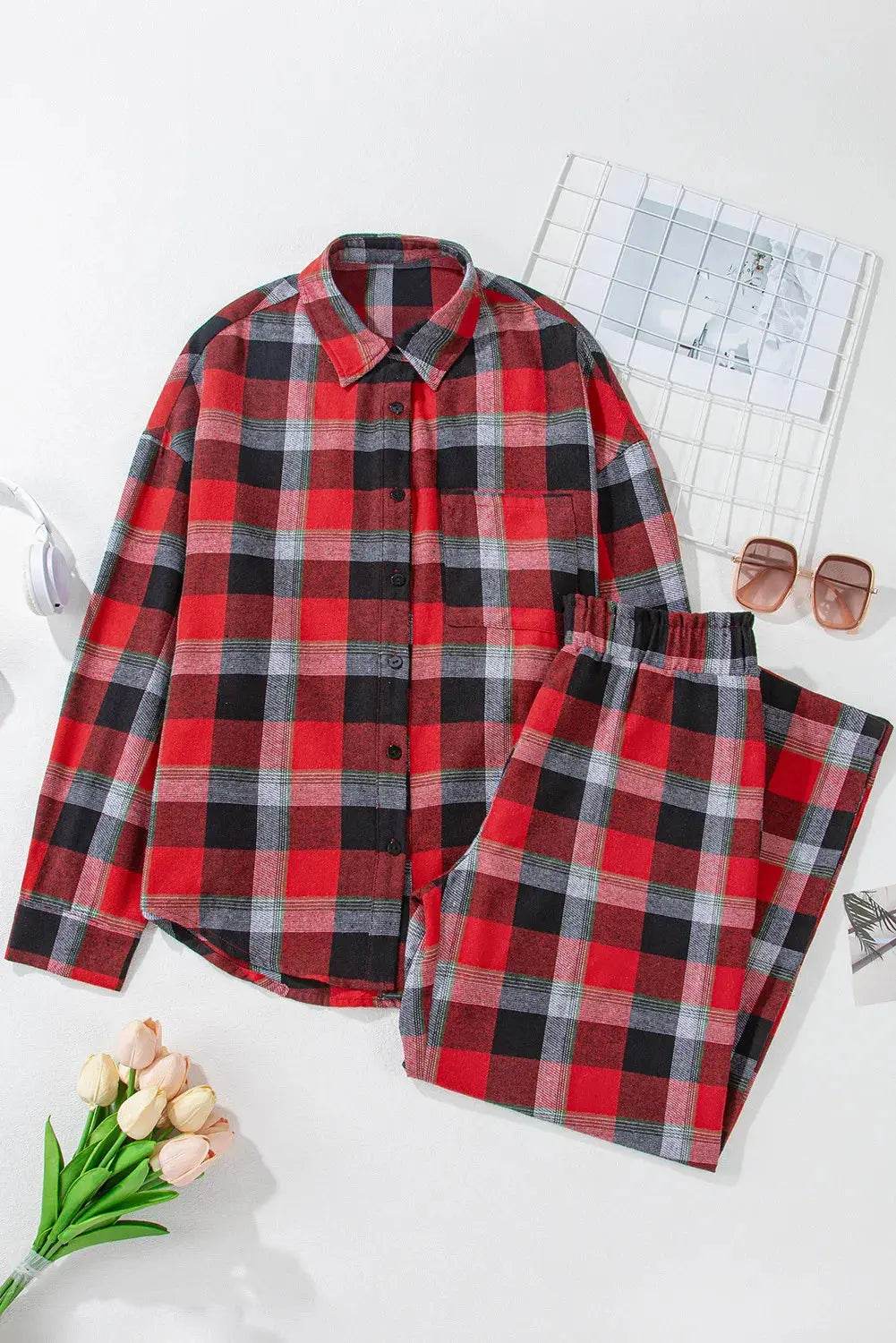 Plaid Long Sleeve Top and Pants Lounge Set - Velveta Studio