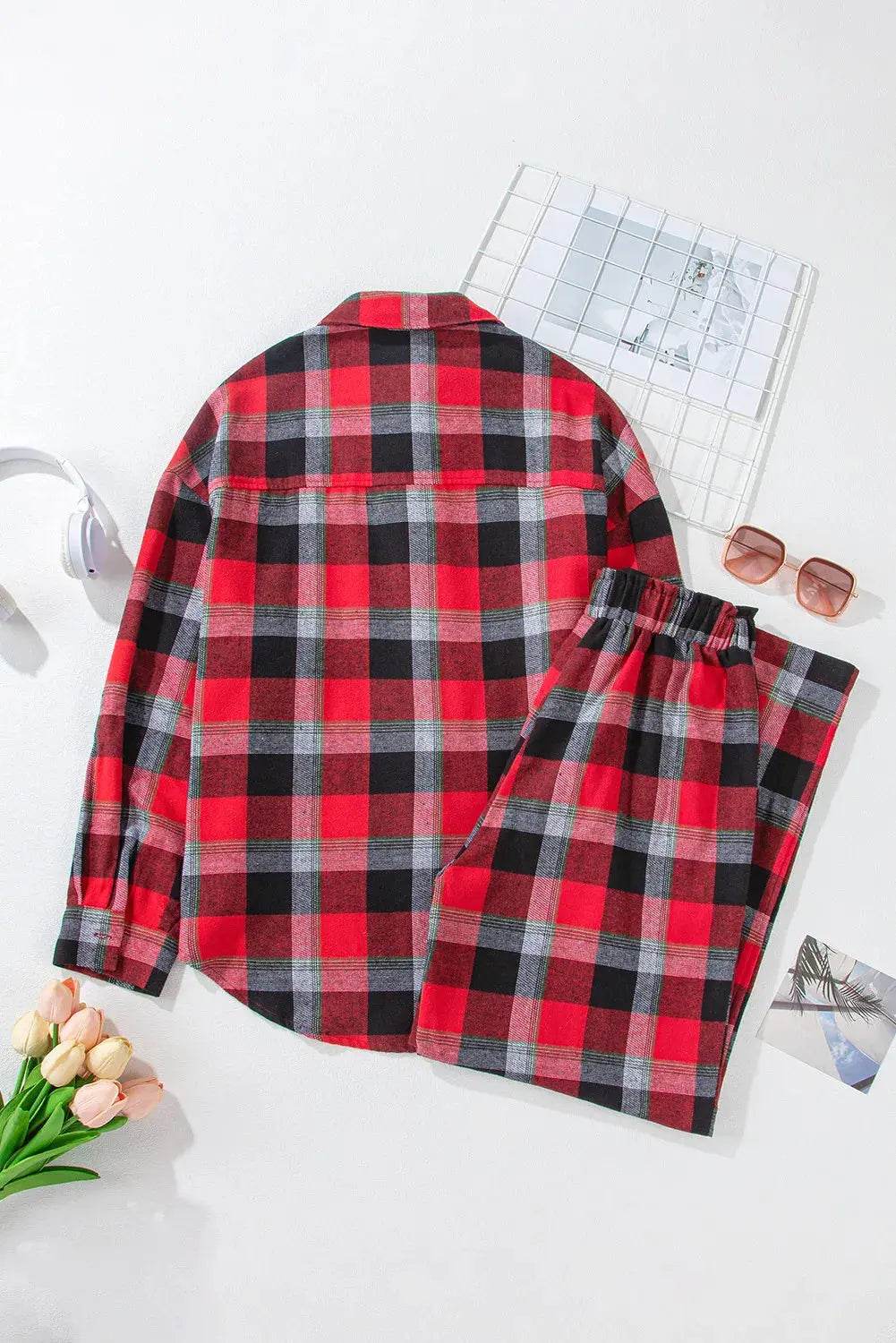 Plaid Long Sleeve Top and Pants Lounge Set - Velveta Studio
