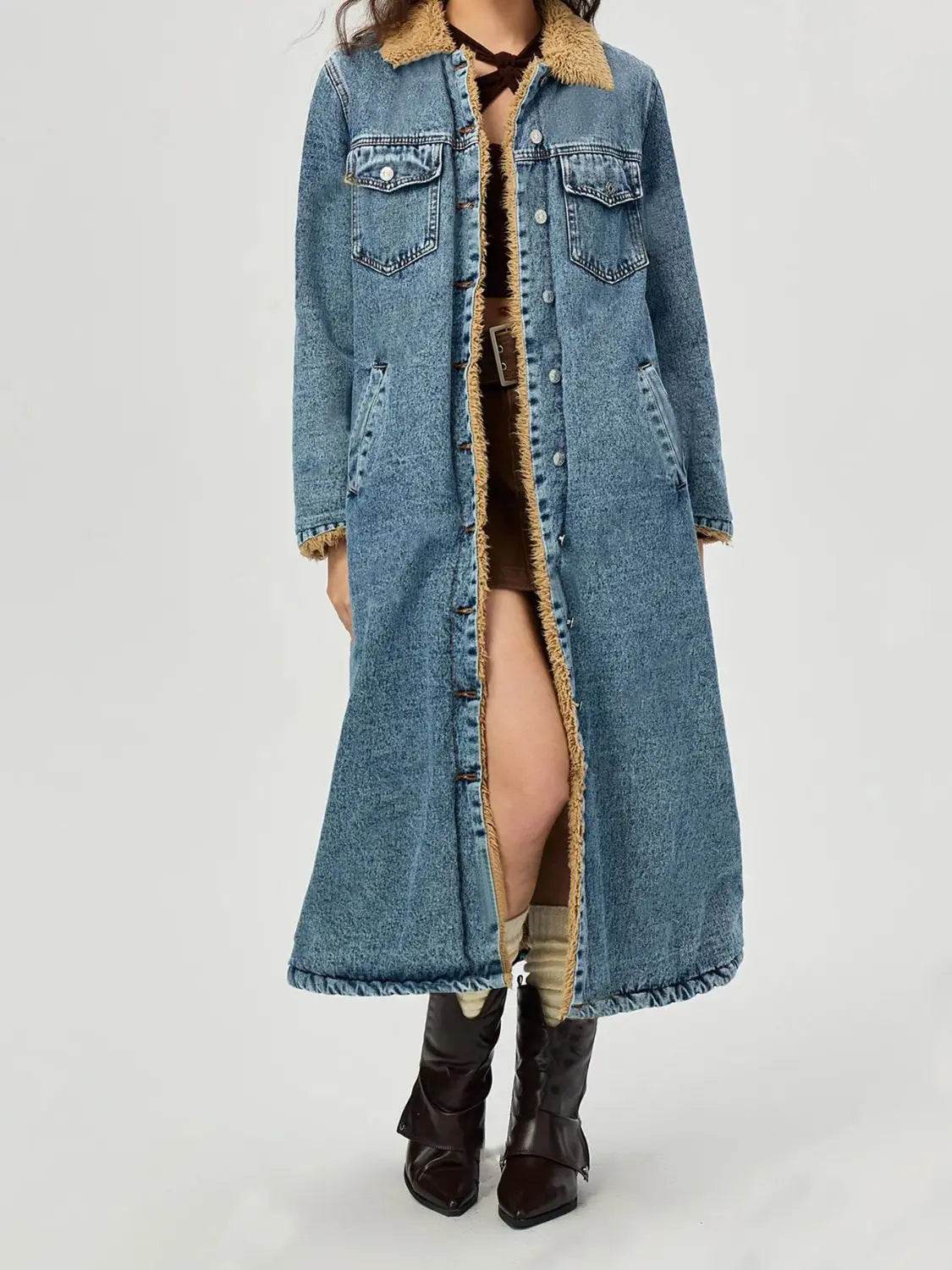 Pocketed Button Up Denim Jacket with Fur Lining - Velveta Studio