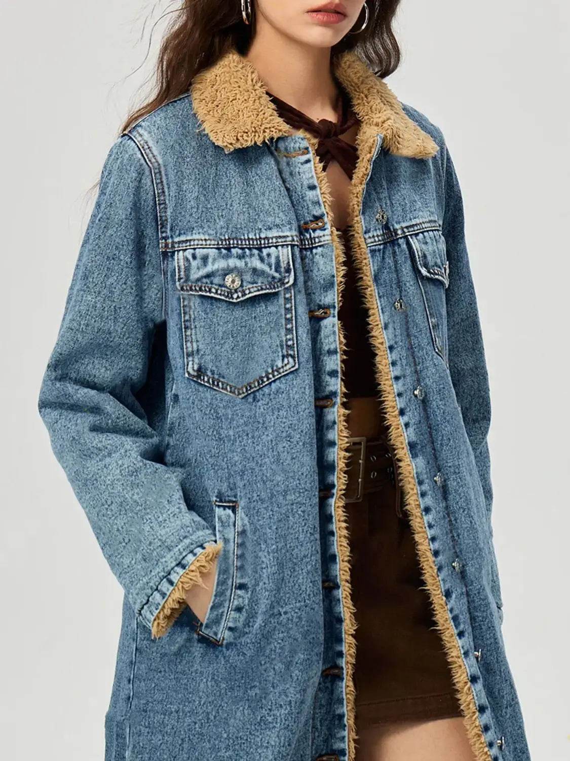 Pocketed Button Up Denim Jacket with Fur Lining - Velveta Studio