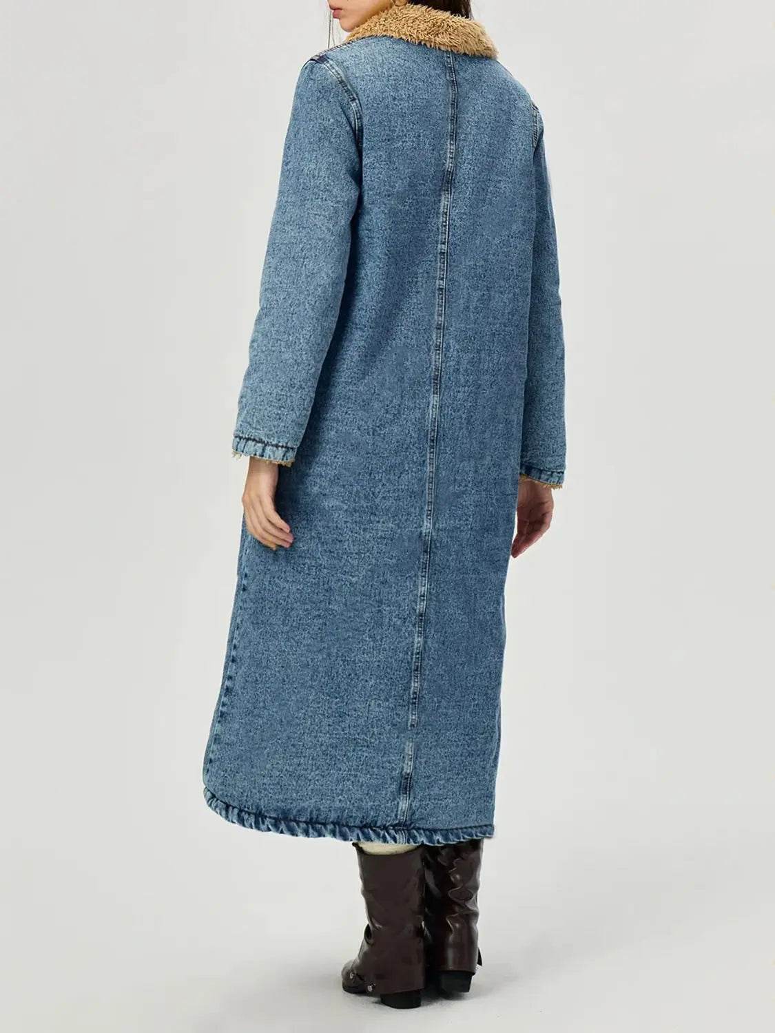 Pocketed Button Up Denim Jacket with Fur Lining - Velveta Studio
