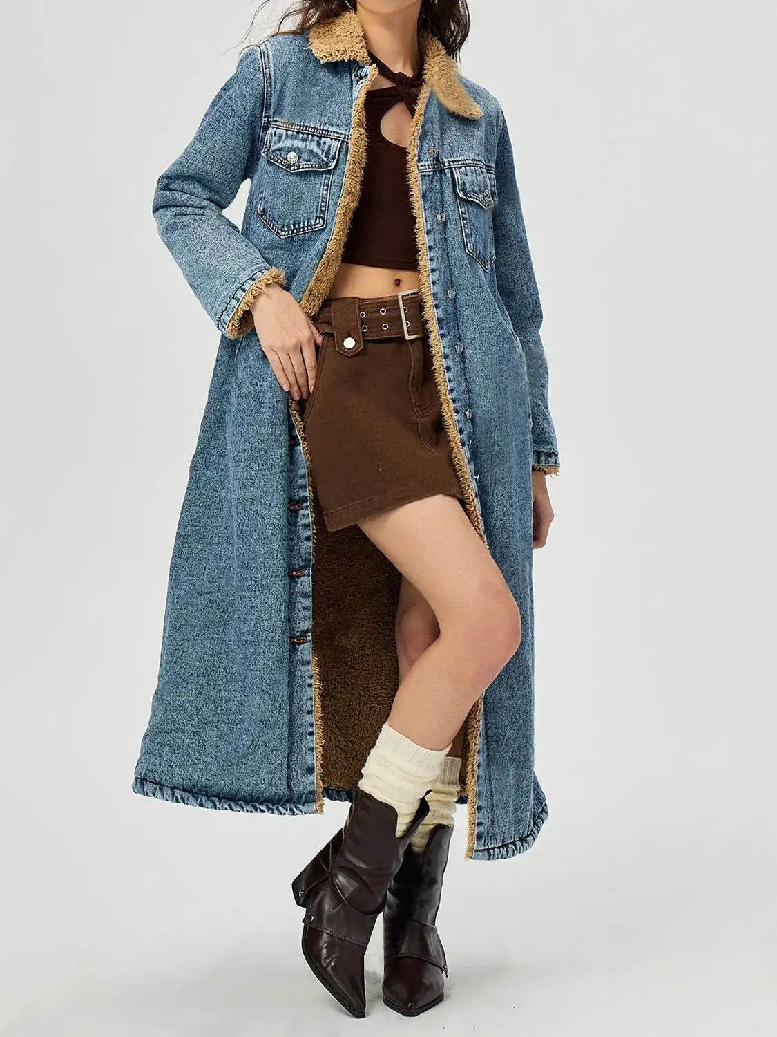 Pocketed Button Up Denim Jacket with Fur Lining - Velveta Studio