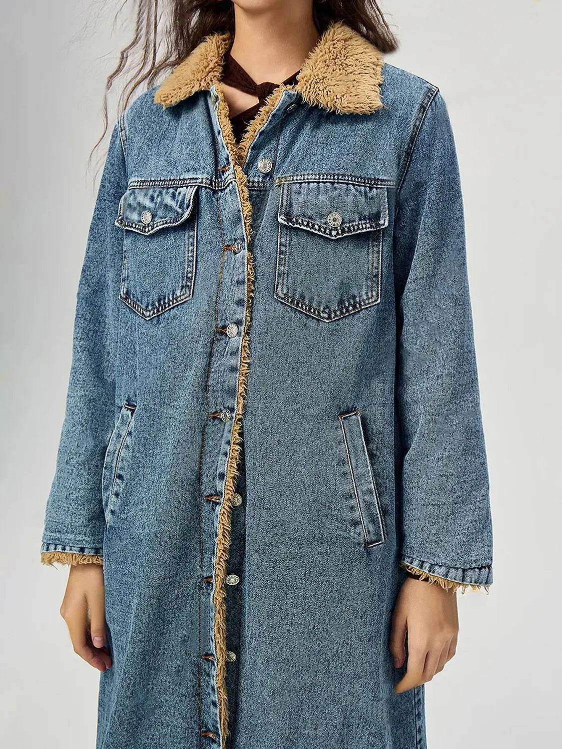Pocketed Button Up Denim Jacket with Fur Lining - Velveta Studio
