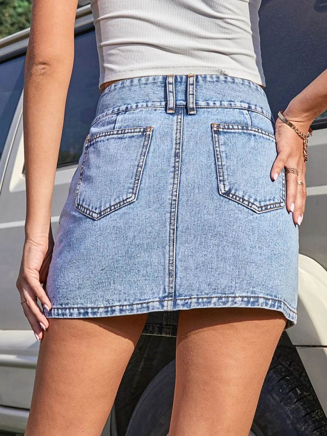 Pocketed High Waist Denim Skirt - Velveta Studio