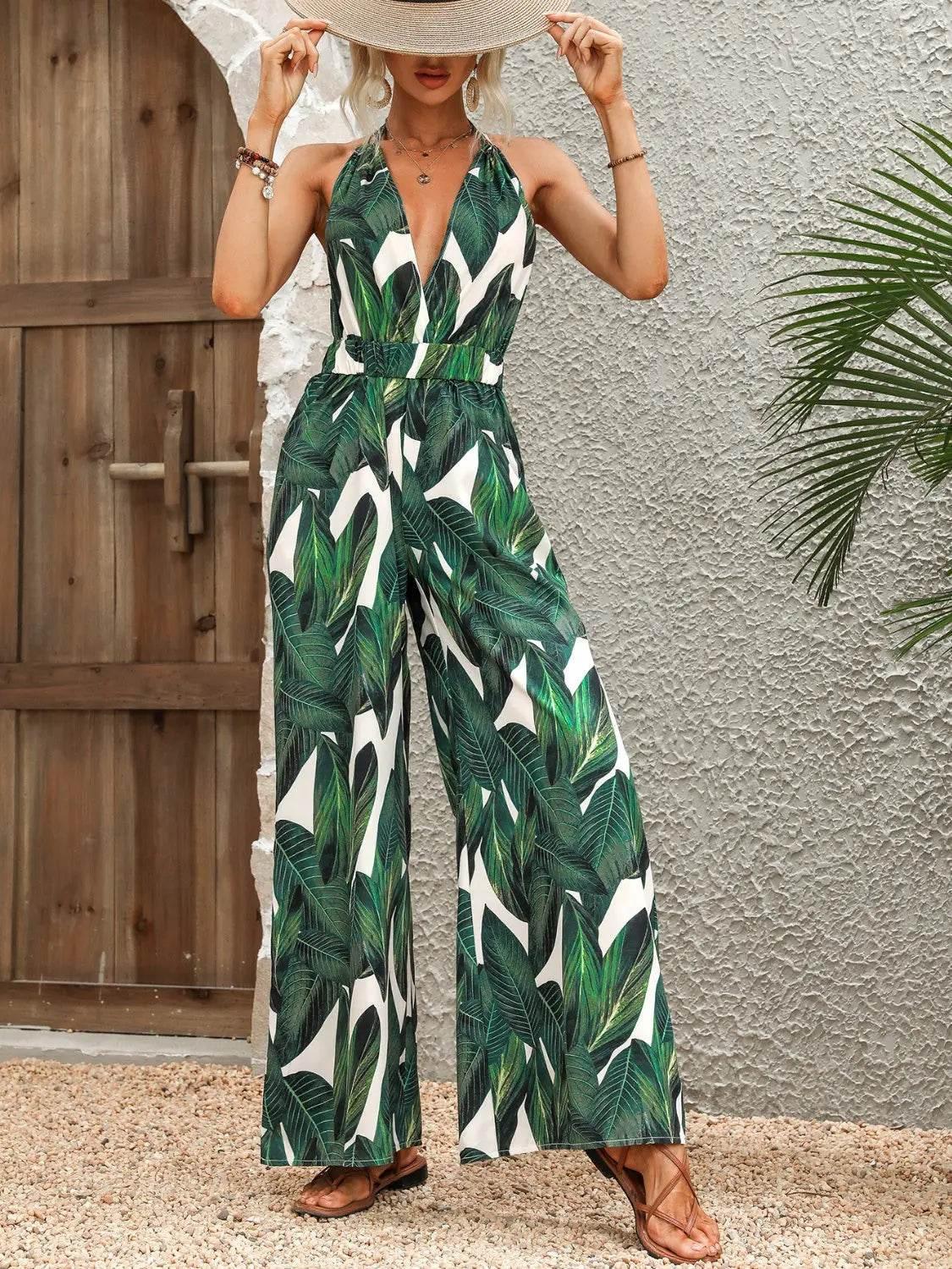 Printed Halter Neck Wide Leg Jumpsuit - Velveta Studio