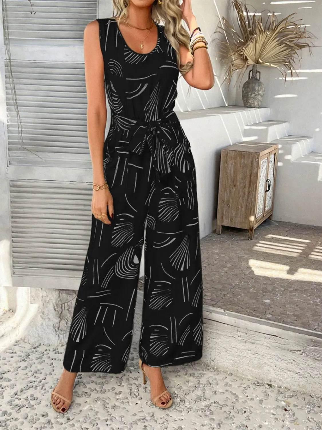 Printed Round Neck Sleeveless Tie Waist Jumpsuit - Velveta Studio