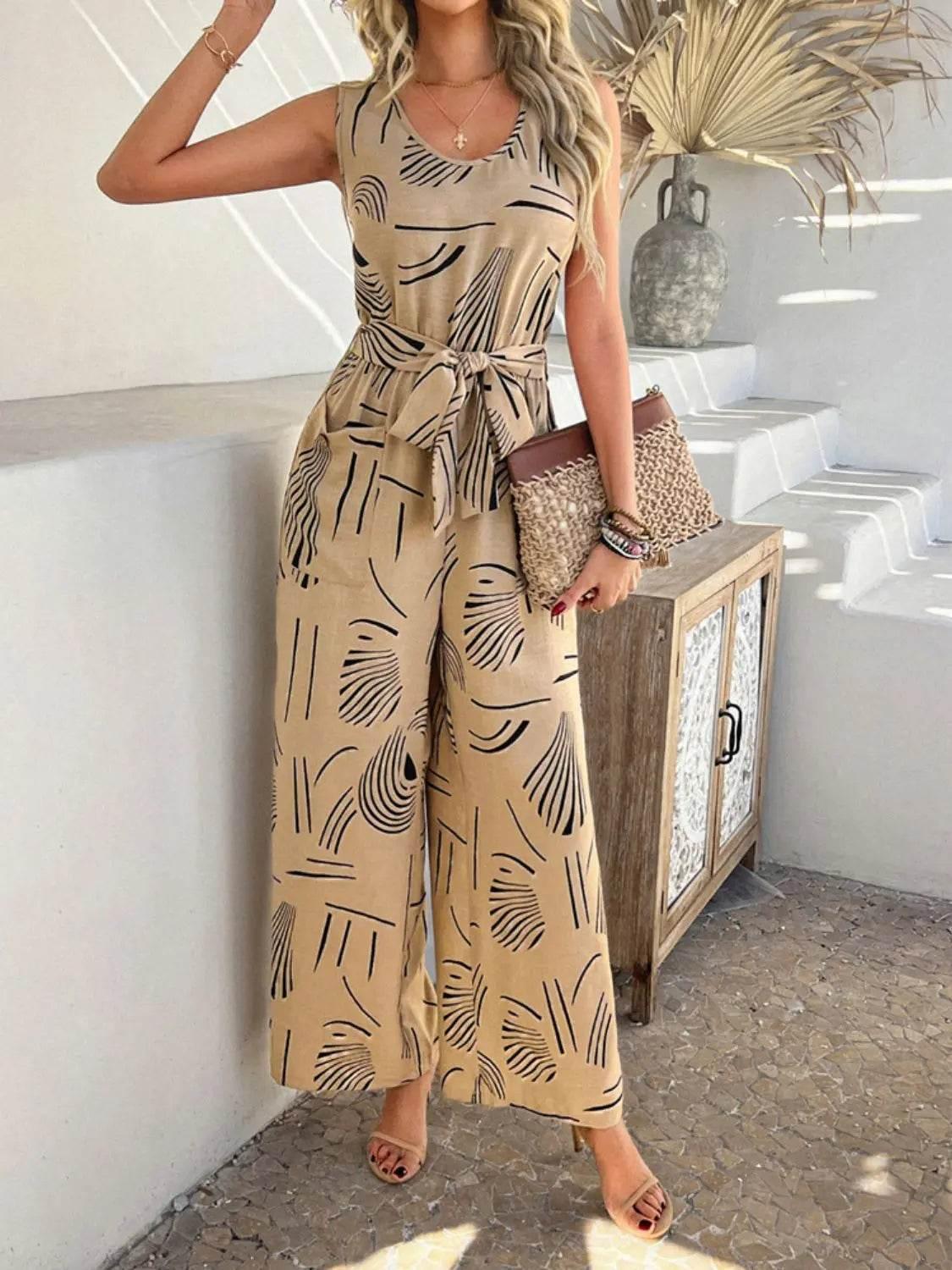 Printed Round Neck Sleeveless Tie Waist Jumpsuit - Velveta Studio