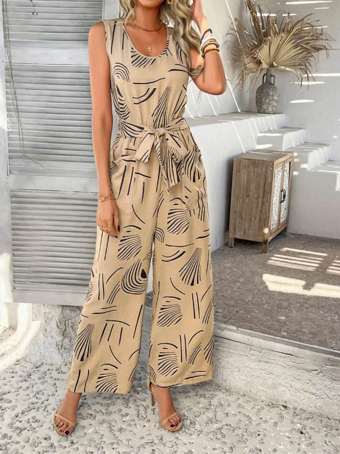 Printed Round Neck Sleeveless Tie Waist Jumpsuit - Velveta Studio