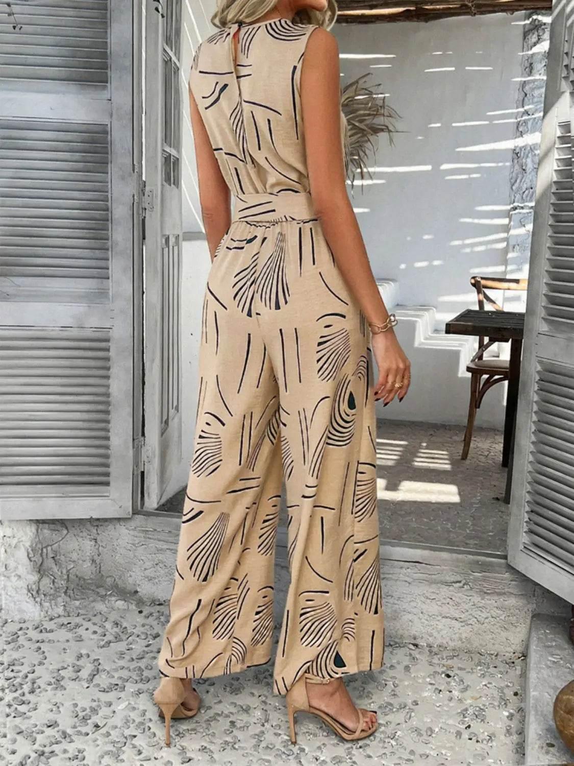Printed Round Neck Sleeveless Tie Waist Jumpsuit - Velveta Studio