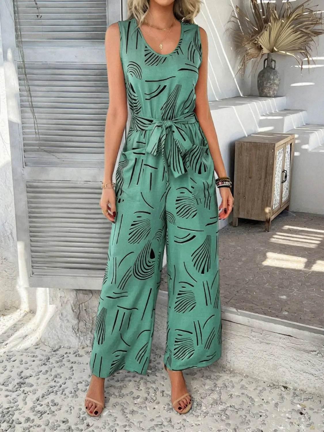 Printed Round Neck Sleeveless Tie Waist Jumpsuit - Velveta Studio