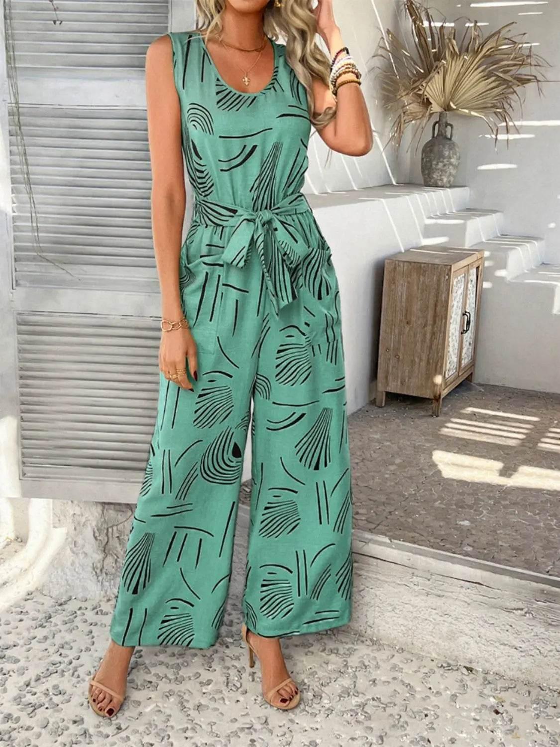 Printed Round Neck Sleeveless Tie Waist Jumpsuit - Velveta Studio