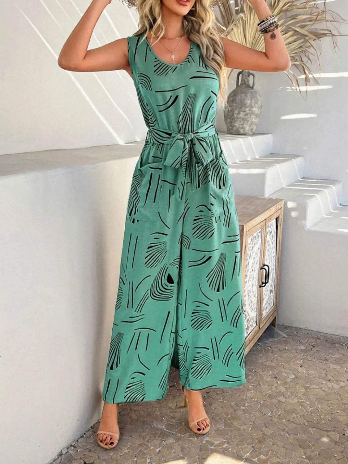 Printed Round Neck Sleeveless Tie Waist Jumpsuit - Velveta Studio