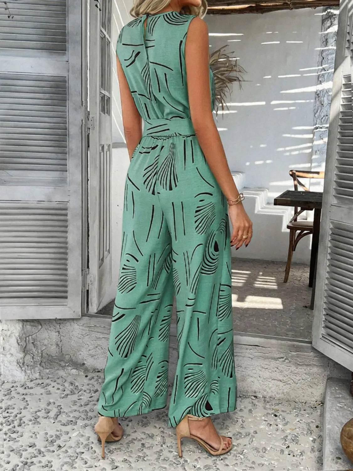 Printed Round Neck Sleeveless Tie Waist Jumpsuit - Velveta Studio
