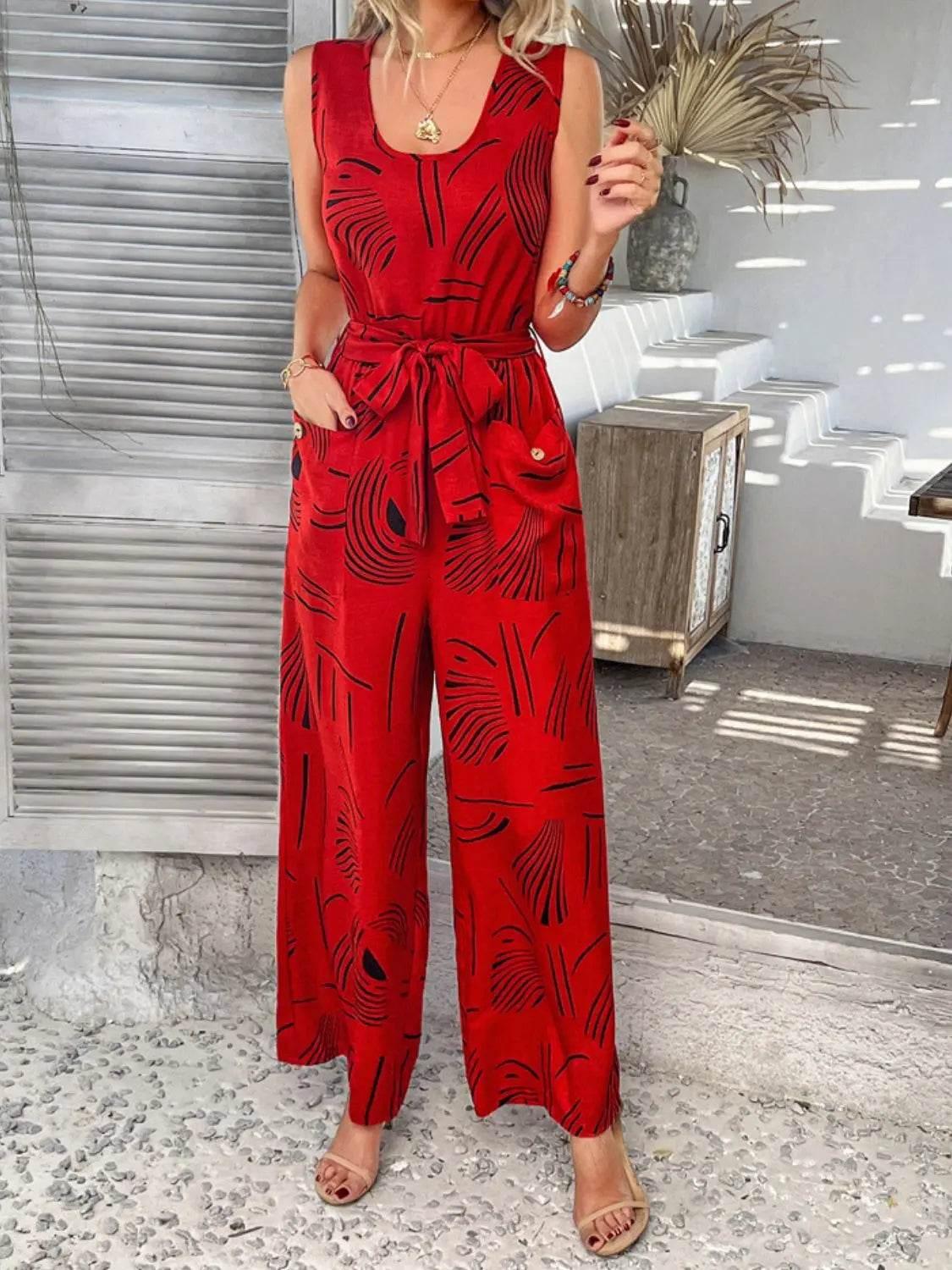 Printed Round Neck Sleeveless Tie Waist Jumpsuit - Velveta Studio