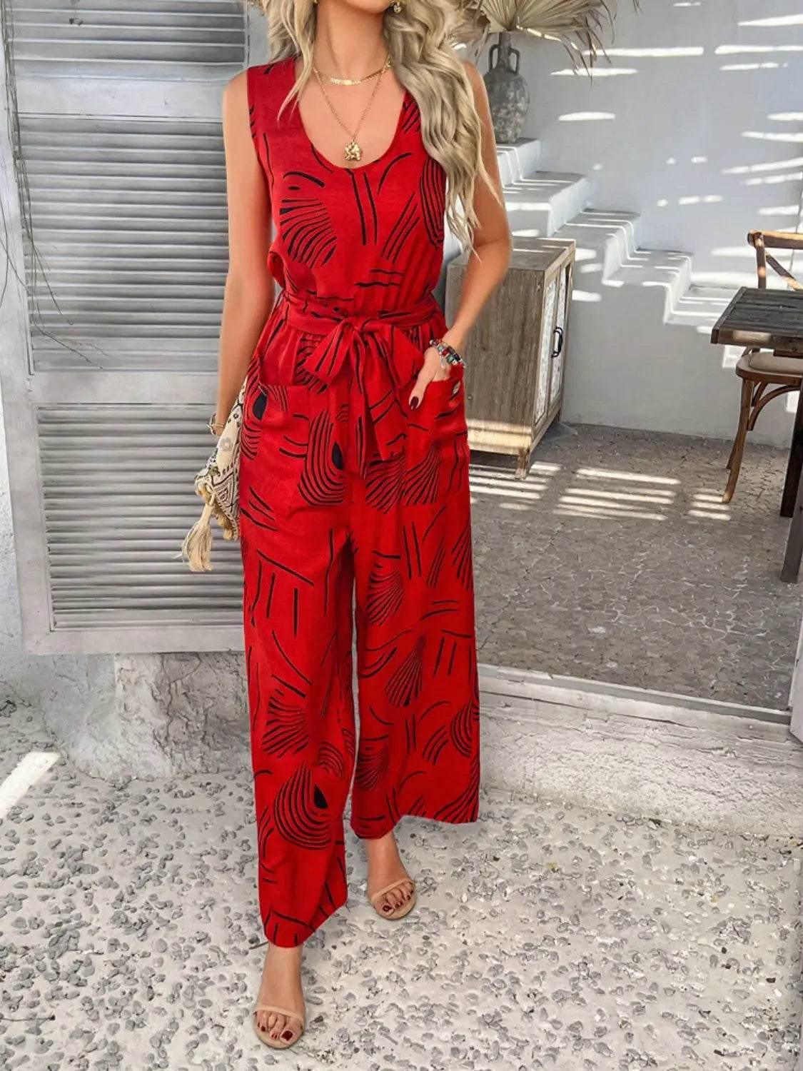 Printed Round Neck Sleeveless Tie Waist Jumpsuit - Velveta Studio