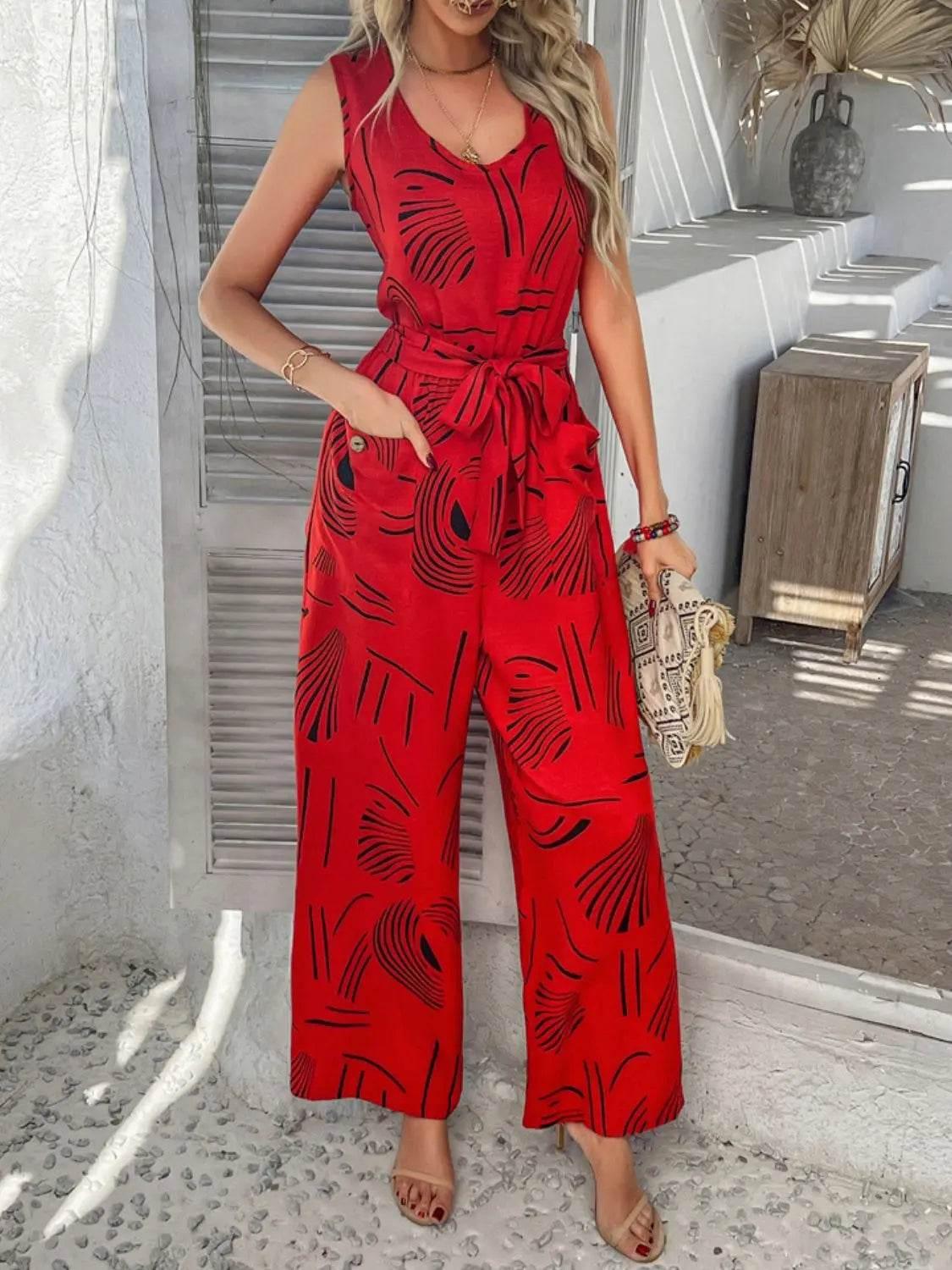 Printed Round Neck Sleeveless Tie Waist Jumpsuit - Velveta Studio