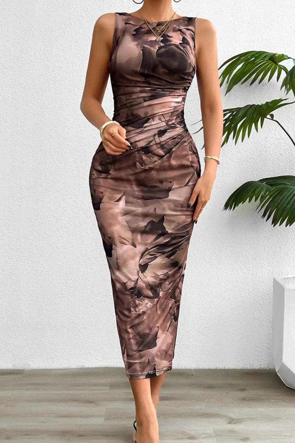 Printed Ruched Slit Sleeveless Midi Dress - Velveta Studio